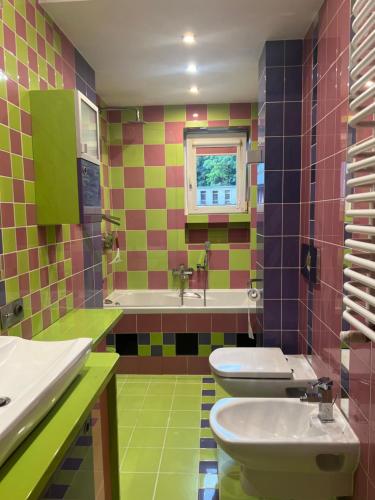 レンボルクにあるApartament Park Lęborkのトイレ2つと洗面台を備えたカラフルなバスルーム