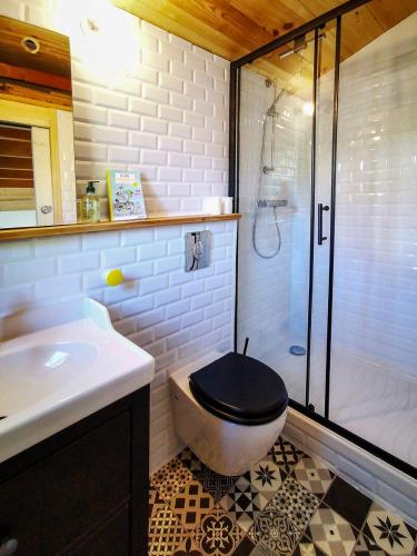 une salle de bain avec une douche, des toilettes et un lavabo dans l'établissement La cabane au fond du jardin, à Montpellier