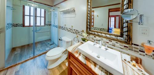 a bathroom with a toilet and a shower and a sink at La Casa Baez in Pátzcuaro