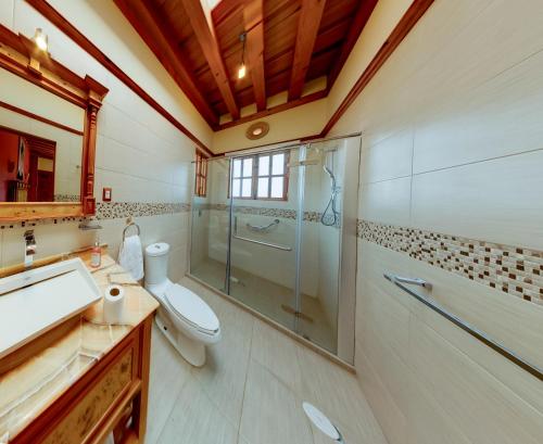 a bathroom with a shower and a toilet and a sink at La Casa Baez in Pátzcuaro