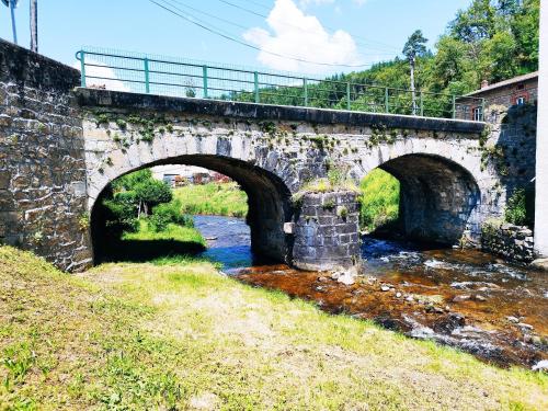 an old stone bridge with three arches over a river at Charmant studio tout équipé in Olliergues