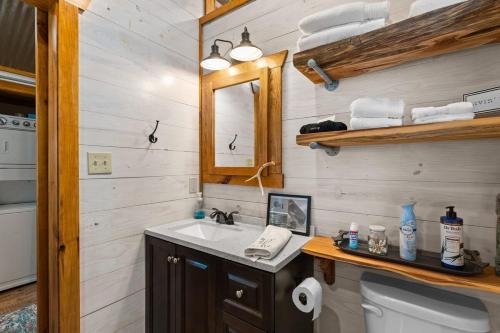 a bathroom with a sink and a mirror and a toilet at Rockin' R - Rustic Star Cabin in Fredericksburg