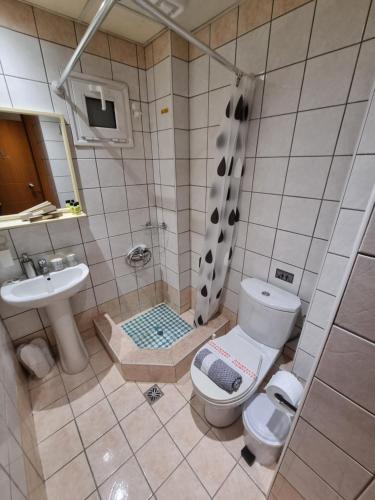 a bathroom with a shower and a toilet and a sink at Astro Studio Apartments in Katerini