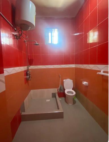 a red bathroom with a sink and a toilet at Amazing home stays in Dar es Salaam