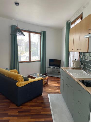 uma sala de estar com um sofá e uma cozinha em Appartement 35 m2 1er étage 200 m de la mer em Luc-sur-Mer