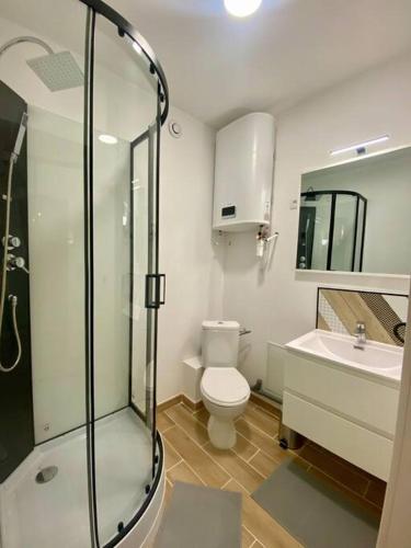 une salle de bain avec une douche, des toilettes et un lavabo dans l'établissement studio avec terrasse, à La Londe-les-Maures