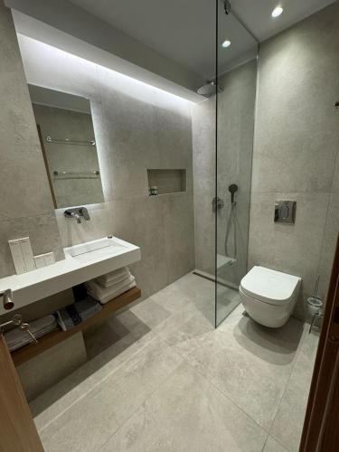a bathroom with a toilet and a sink and a shower at Studio Nikiti Beach in Nikiti