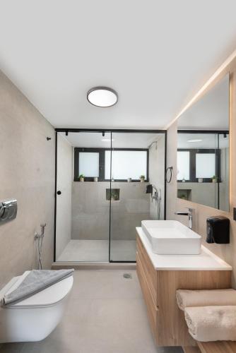 a bathroom with a toilet and a sink and a shower at Aurum Villas in Ialysos