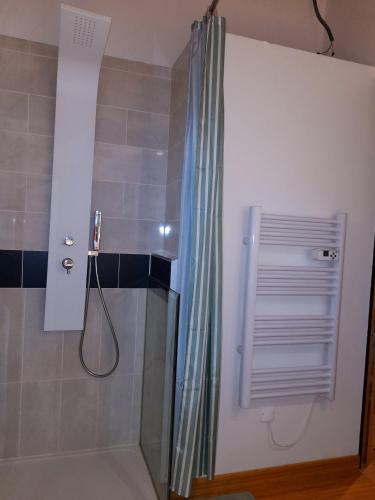 une douche avec une porte vitrée dans une salle de bain dans l'établissement Demi-chalet à la montagne, à Chevenoz