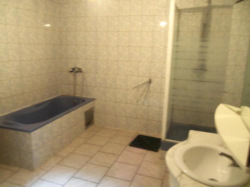 une salle de bain avec baignoire et toilettes dans l'établissement Maison avec piscine, à Serres-et-Monguyard