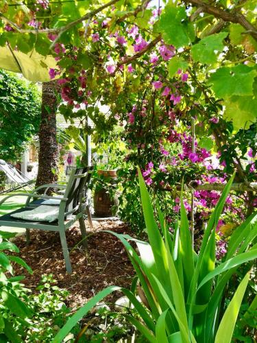 a green bench sitting under a tree with flowers at Villa Bellabé in Nice