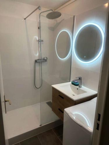 une salle de bain avec une douche, des toilettes et un lavabo dans l'établissement Résidence Marines D'aryana - Appartement refait à neuf 4 couchages proche plage dans résidence avec piscine MAE-8701, à Six-Fours-les-Plages