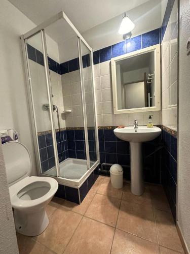 une salle de bain avec une douche, des toilettes et un lavabo dans l'établissement Résidence Rivages - Appartement 2 chambres dans le domaine de la Coudoulière MAE-6121, à Six-Fours-les-Plages