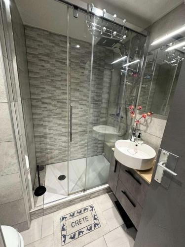 une salle de bain avec douche et lavabo dans l'établissement Résidence Jardins D Azur C - T2 avec piscine collective a deux pas de la mer MAE-2631, à Six-Fours-les-Plages