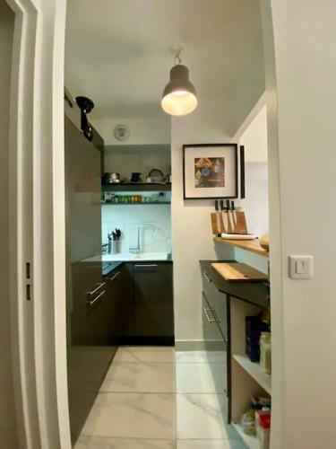 une petite cuisine avec un évier et un comptoir dans l'établissement Modern Bright Lovely Apartment, à Levallois-Perret