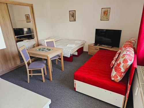 a small room with a bed and a table and a television at Apartmány Summit in Bešeňová