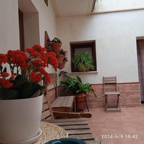a patio with flowers in a vase on a table at Apartamento Turístico El Empedrado de M&G in Colmenar de Oreja