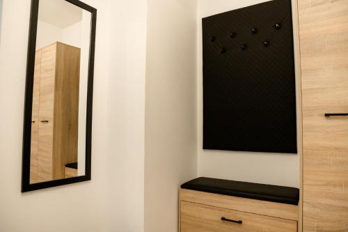 a bathroom with a mirror and a wooden cabinet at Apartament Akacjowa in Gollnow