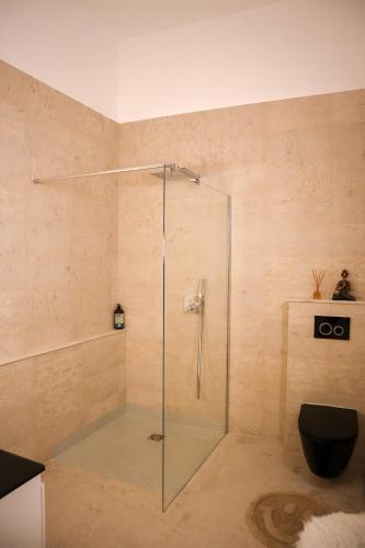 a shower with a glass door in a bathroom at The White Knight Premium Boutique Hotel in Għajnsielem