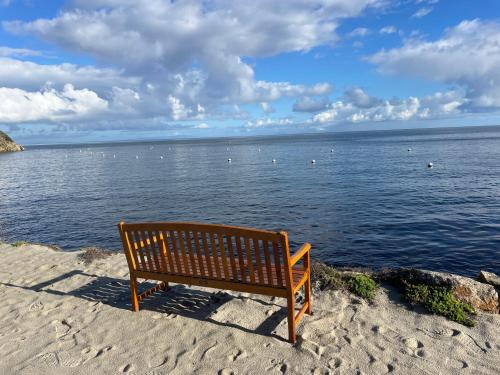 a bench sitting on the sand near the water at Gorgeous Oceanfront Villa With Panoramic Views in Avalon