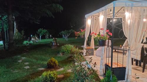 a greenhouse with flowers in a yard at night at Vila Jezerski raj Borsko jezero in Bor