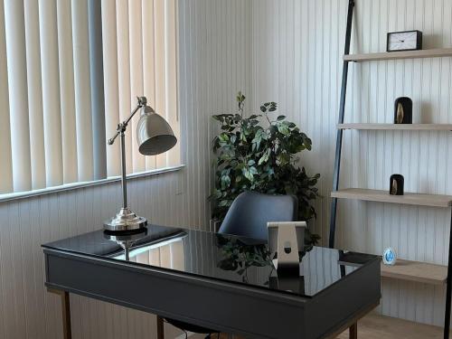 a desk with a lamp and a plant in a room at The B&W Haven 3BR private office by LI Ferry in Bridgeport