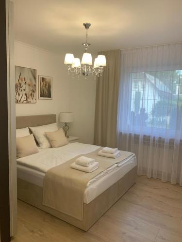 a bedroom with a bed with a chandelier and a window at Apartment Naturjuwel in Hünxe