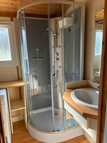 une salle de bain avec douche et lavabo dans l'établissement Chalet climatisé 2 chambres piscine chauffée, à Agde