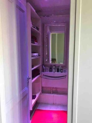 une salle de bain avec un éclairage rose et une baignoire et un lavabo dans l'établissement One Room Apartment in Paris Montmartre, à Paris