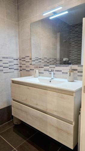 a bathroom with a sink and a mirror at Apartamentos La Florida in Casalarreina