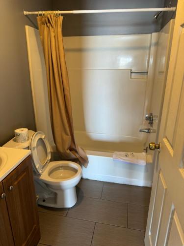 a bathroom with a toilet and a shower at 12 Ashworth Ave suites in Hampton