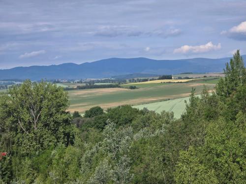 a view of a field with mountains in the distance at Hostel Apollo in Ząbkowice Śląskie
