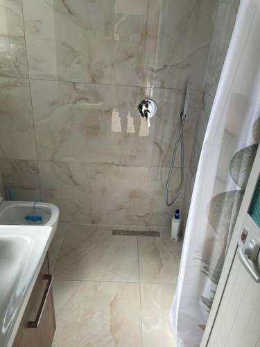 a bathroom with a shower and a sink at 2 Bedroom flat Shengjin in Margjonaj