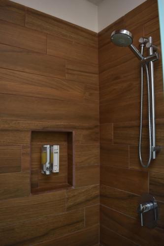a bathroom with a shower with wooden walls at CASAS FREDA - Centro Historico Departamentos in San Luis Potosí