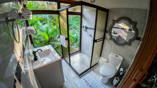 a bathroom with a toilet and a sink and a mirror at Bungalows Las Iguanas Arenal Volcano in Chachagua