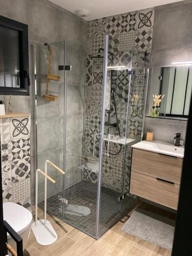 une salle de bain avec une douche, des toilettes et un lavabo dans l'établissement Magnifique villa avec piscine, à Sorède