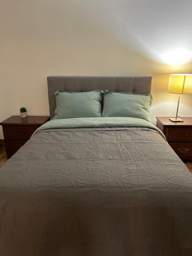 a bedroom with a bed with two tables and a lamp at Walk on the riverside in Montréal
