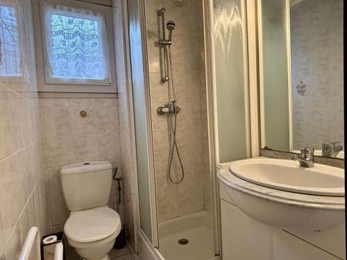 une salle de bain avec une douche, des toilettes et un lavabo dans l'établissement Appartement RDC avec Terrasse, Piscine, Parking, à 400m de la Plage - 4 Pers - FR-1-225-819, à Argelès-sur-Mer