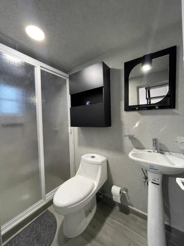 a bathroom with a toilet and a sink at Loft a 5 minutos de Plaza de Toros in Pachuca de Soto