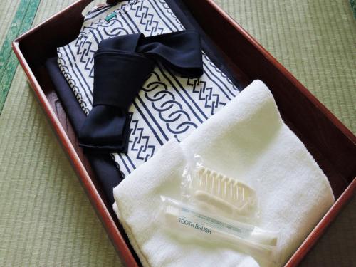 a box with a toothbrush and a pair of boots at Ichifukuso in Tara