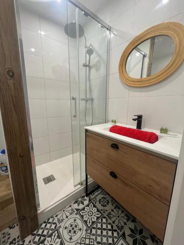 une salle de bain avec une douche, un lavabo et un miroir dans l'établissement Le DREAM BEACH-TERRASSE-VUE MER D'Exception-WIFI-PARKING - TOP PROS SERVICESConciergerie, à Palavas-les-Flots