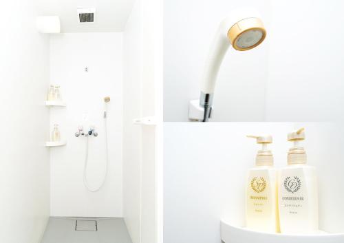 a bathroom with two bottles of soap and a shower at Tokyo Guest House Ouji Music Lounge in Tokyo