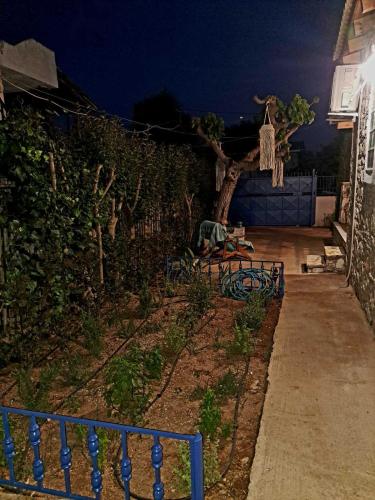 a garden at night with a fence and a bench at A GEORGE Luxury house in Artemida
