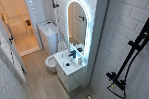 baño con lavabo y aseo con espejo en Apartament Cosmi Ari, en Băile Herculane