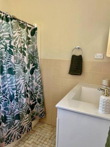 a bathroom with a sink and a shower curtain at Brock Ag Vineyard Stay in Waikerie