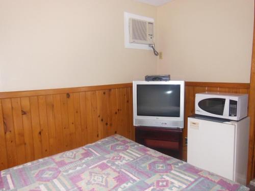 a room with a tv and a microwave and a bed at Motel Le Paysan in Montréal
