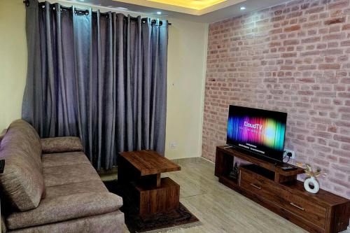 カトマンズにあるMystic Apartmentのソファと薄型テレビのあるリビングルーム