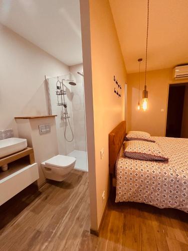 La salle de bains est pourvue d'un lit, d'une douche et de toilettes. dans l'établissement Gites entre 2 rives, à Montolieu