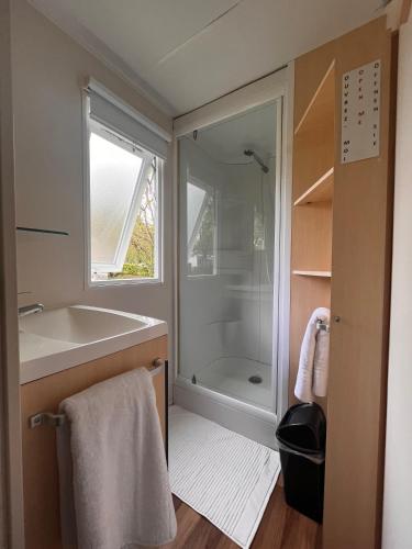 une salle de bain avec une baignoire, un lavabo et une douche dans l'établissement Le Gewurz - Bungalow climatisé avec TV pour 5, à Boofzheim