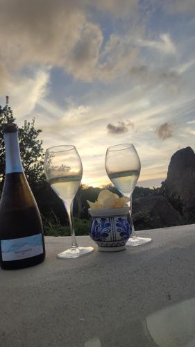 two wine glasses sitting next to a bottle of wine at Stazzu La Piredda in Arzachena